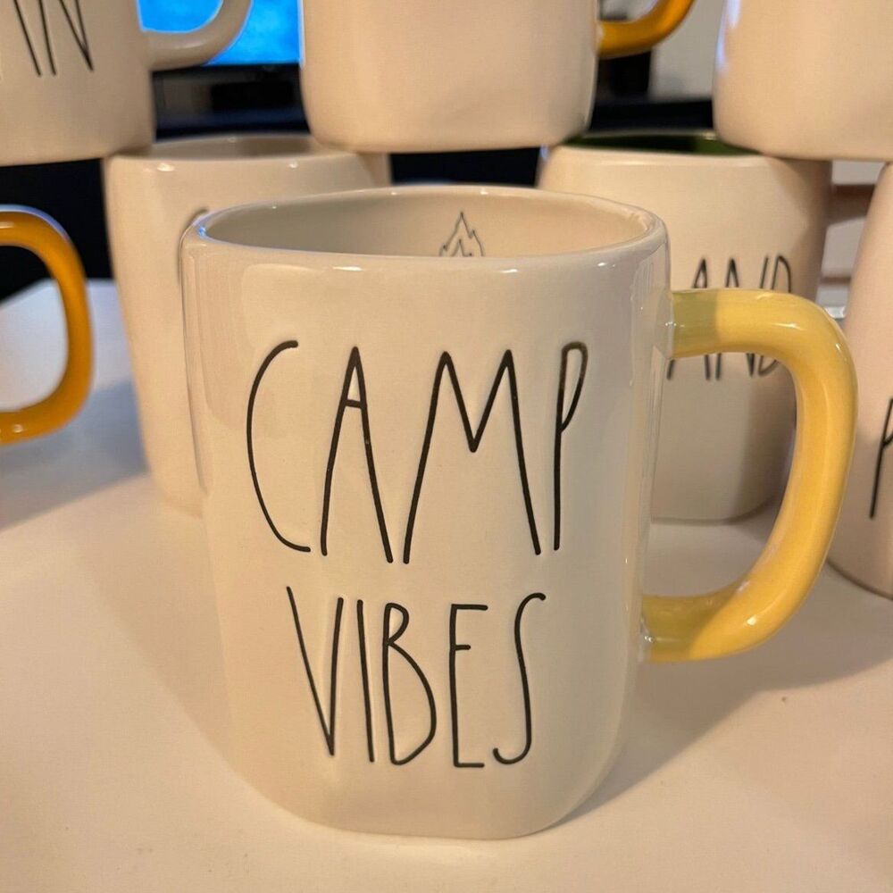 Camp Vibes coffee Cup mug White With Yellow Interior Ceramic farmhouse Rae Dunn